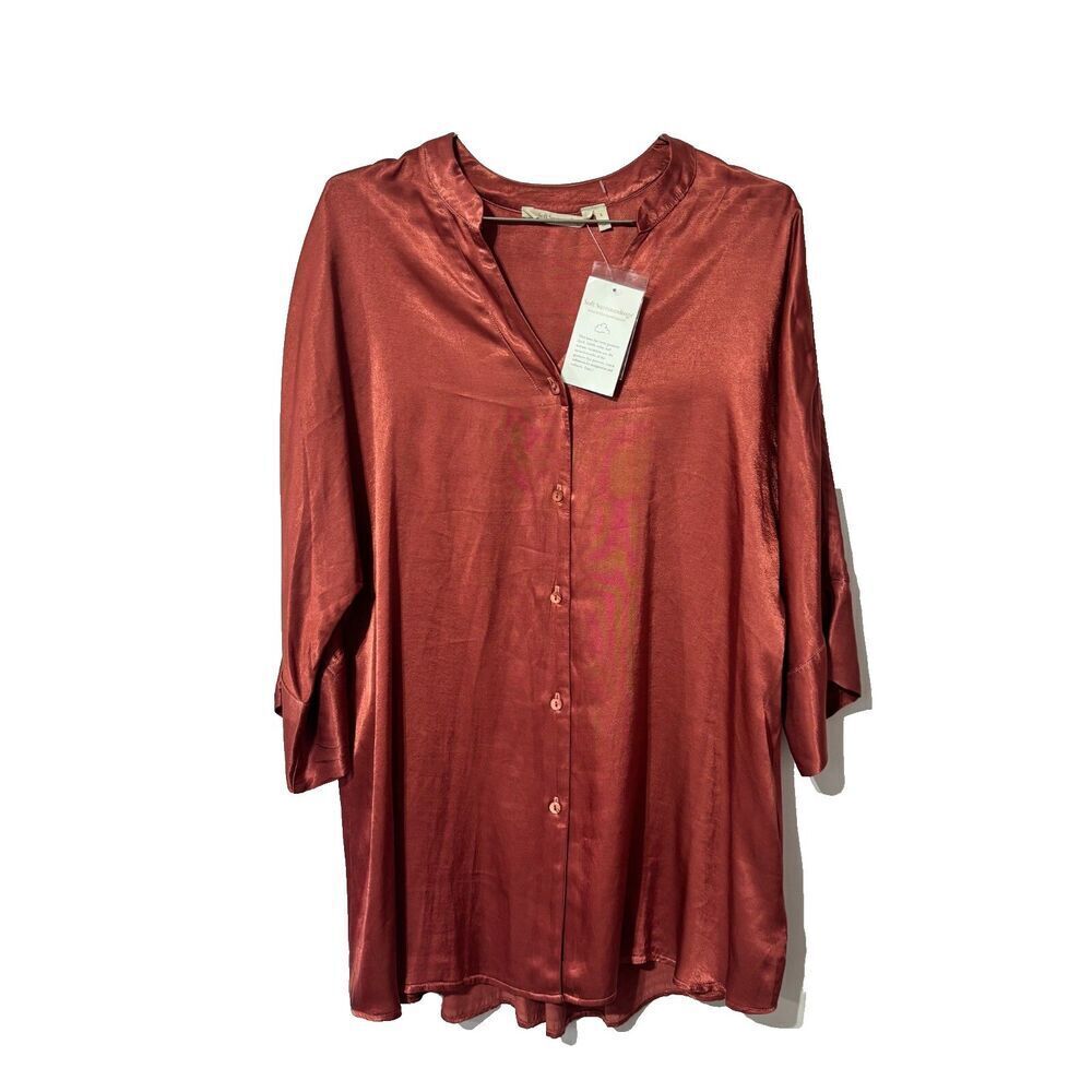 Soft Surroundings Womens Button Up Blouse Rust Red L Boho Satiny Mandarin Collar